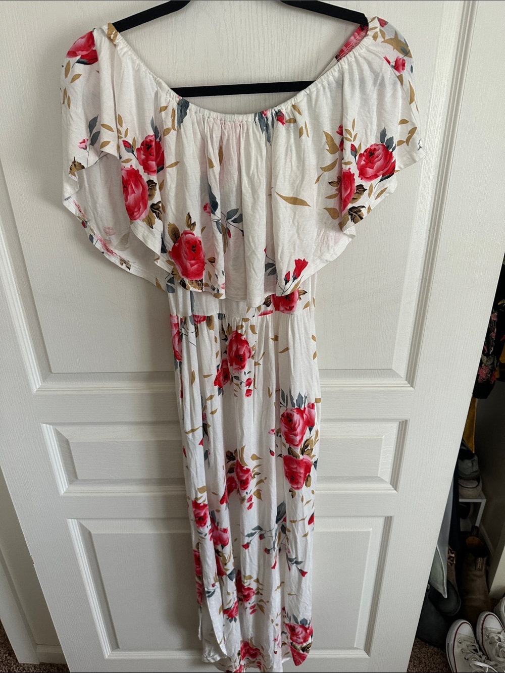 Off-Shoulder Floral Maxi Dress - White with Pink Rose Print